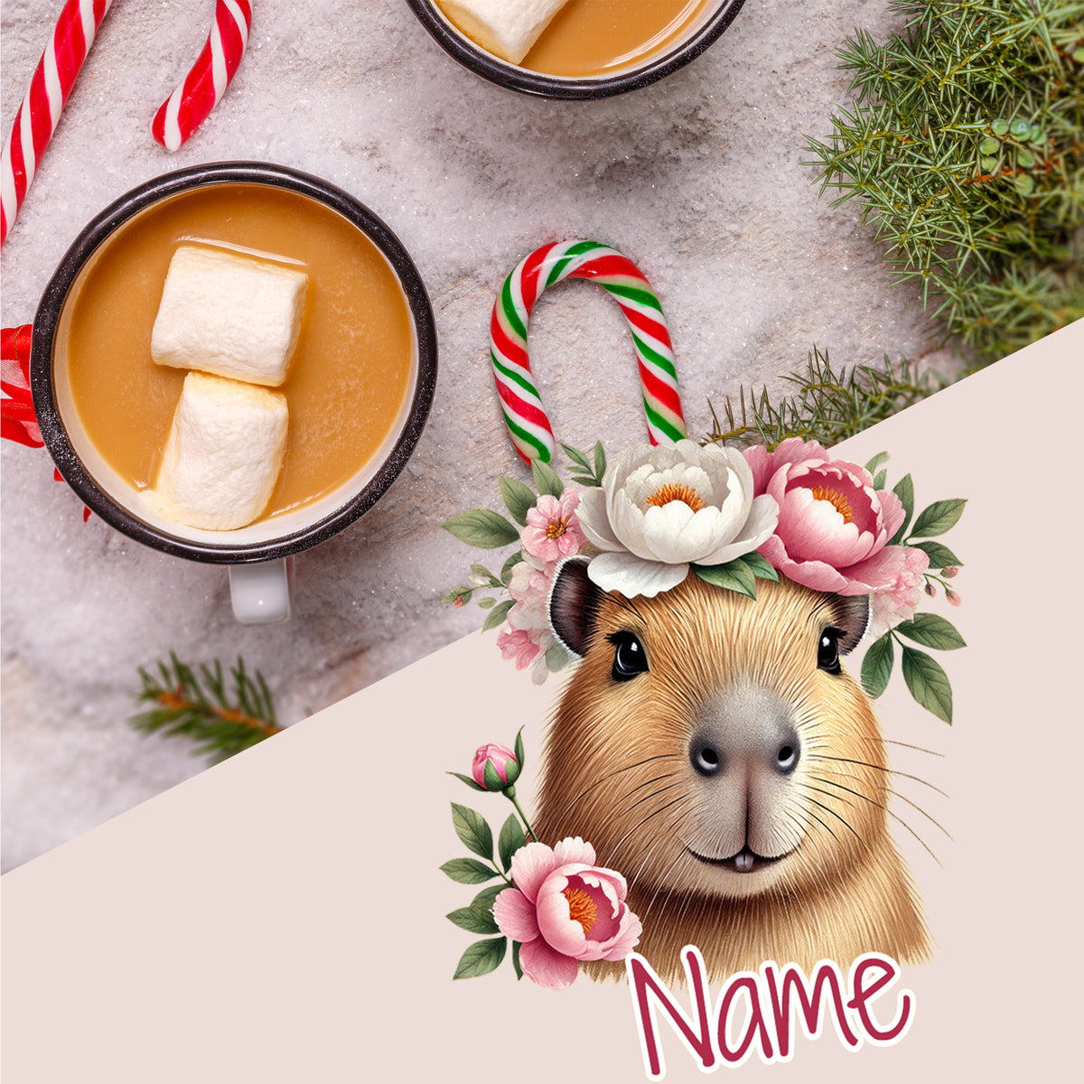 Kaffeetasse mit Marshmallows und Capybara mit Blumenkranz.