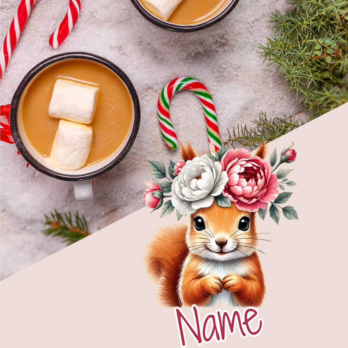Kaffeetasse mit Marshmallows und niedlichem Eichhörnchen-Design.