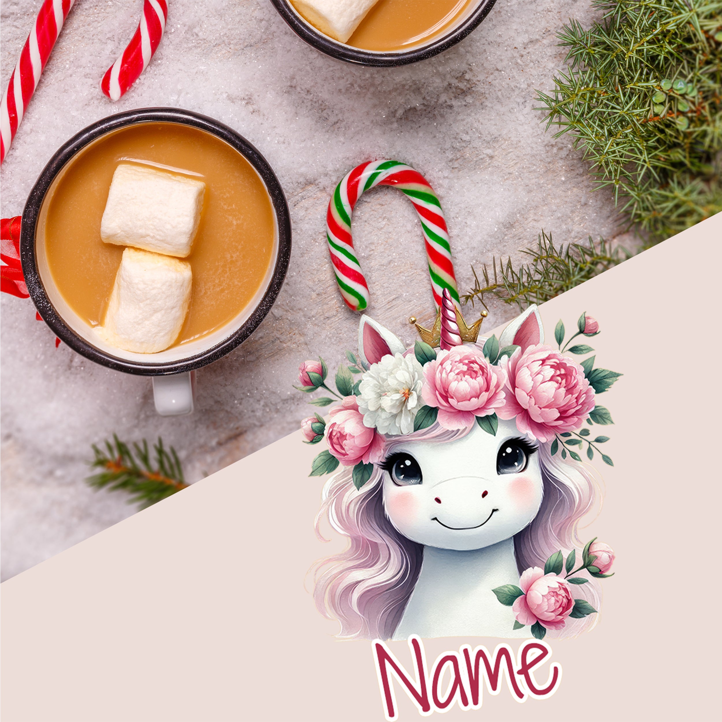 Kaffeetasse mit Marshmallows, einhornförmiger Kopf mit Blumenkranz.