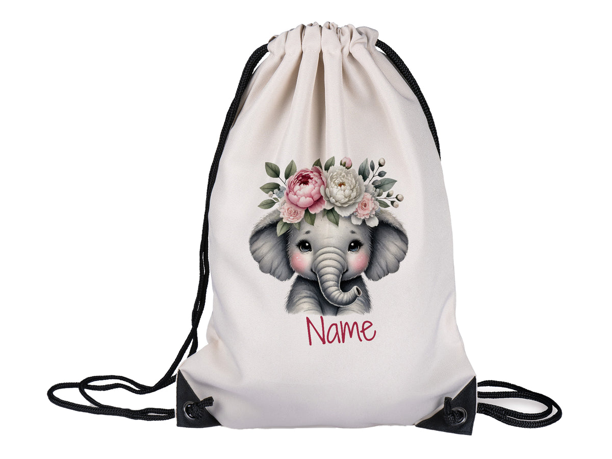 Beige Turnbeutel mit Elefant und Blumenkranz, personalisierbar.