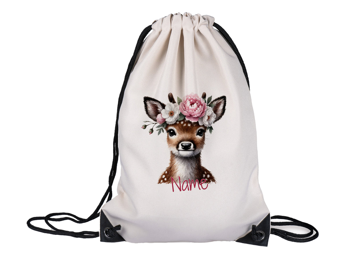 Beige Turnbeutel mit Reh-Motiv und Blumenkranz.