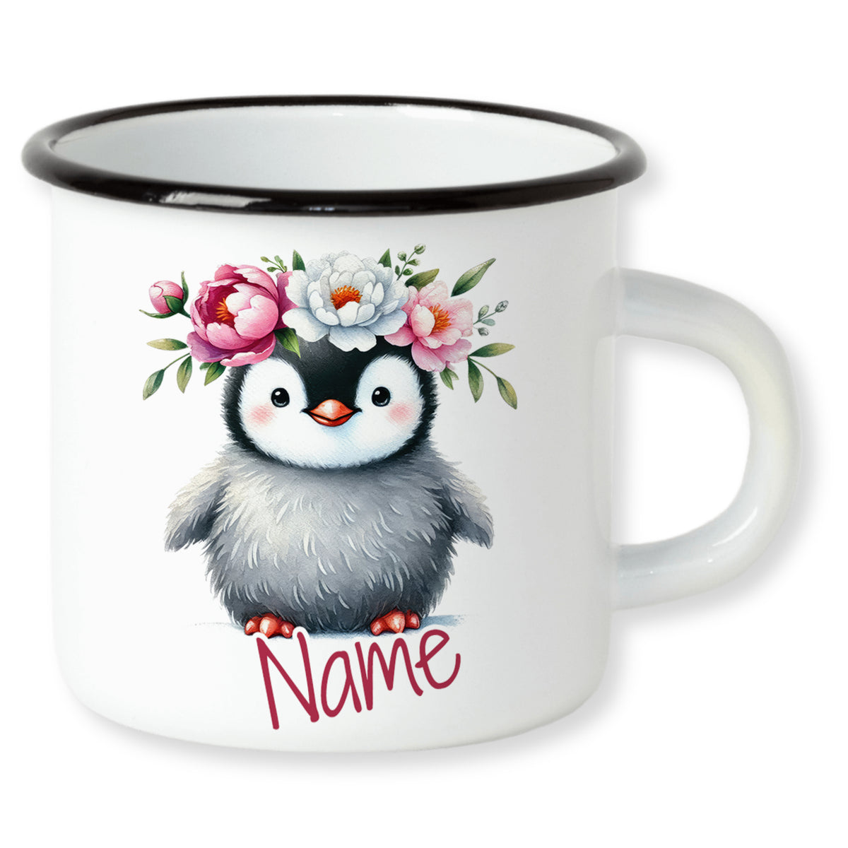 Tasse mit Pinguin und Blumen, personalisierbar.