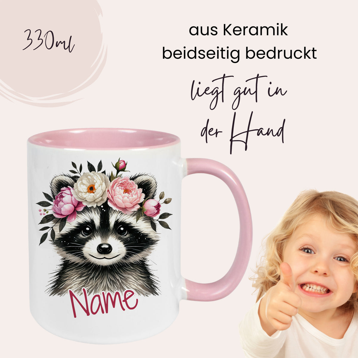 Tasse mit Waschbär und Blumen