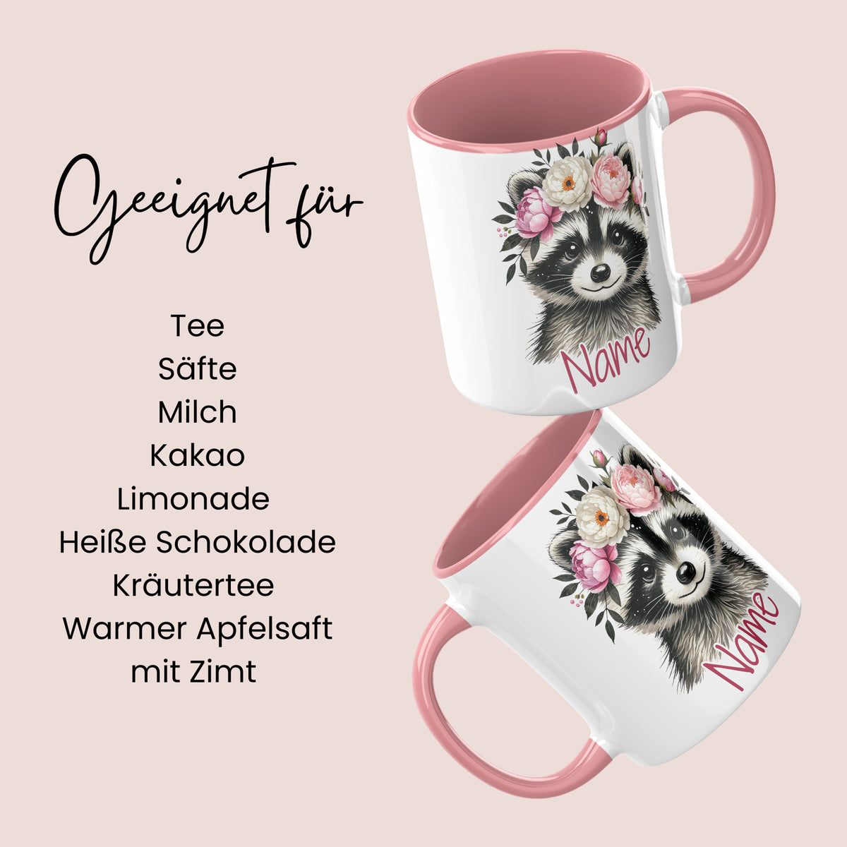 Tasse mit Waschbär und Blumen