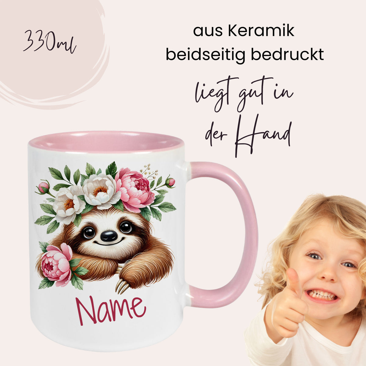 Tasse mit Faultier und Blumen