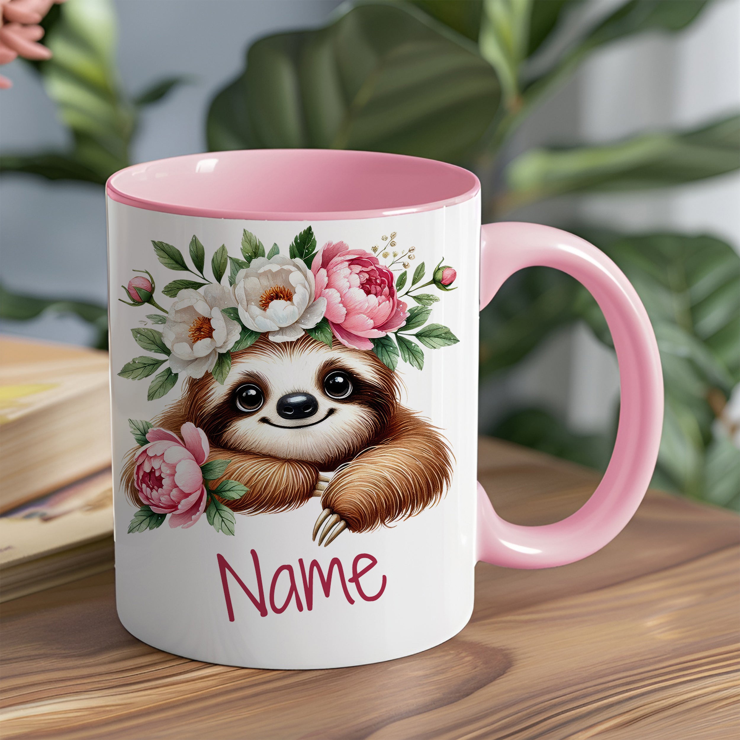 Tasse mit Faultier und Blumen