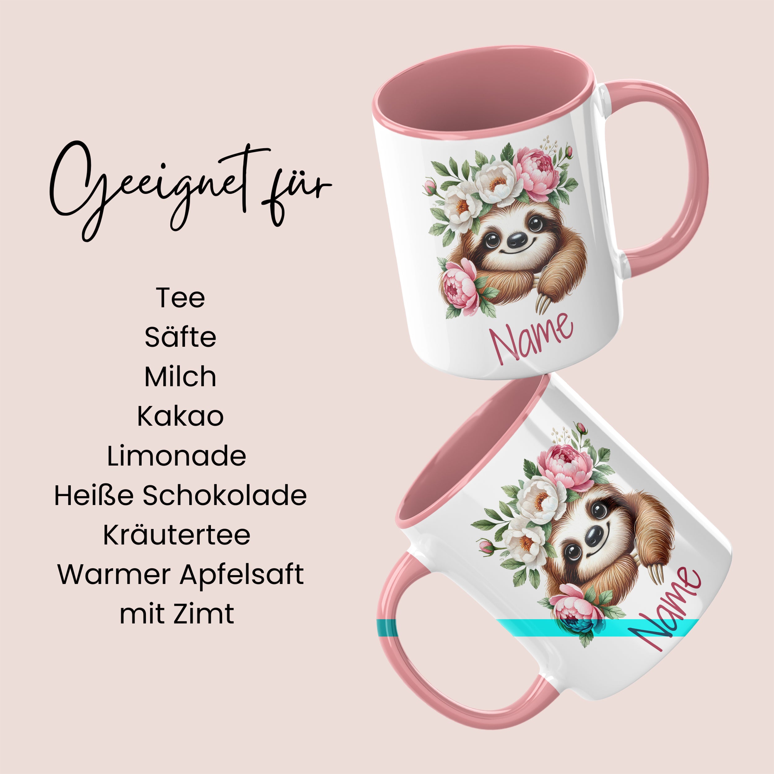 Tasse mit Faultier und Blumen