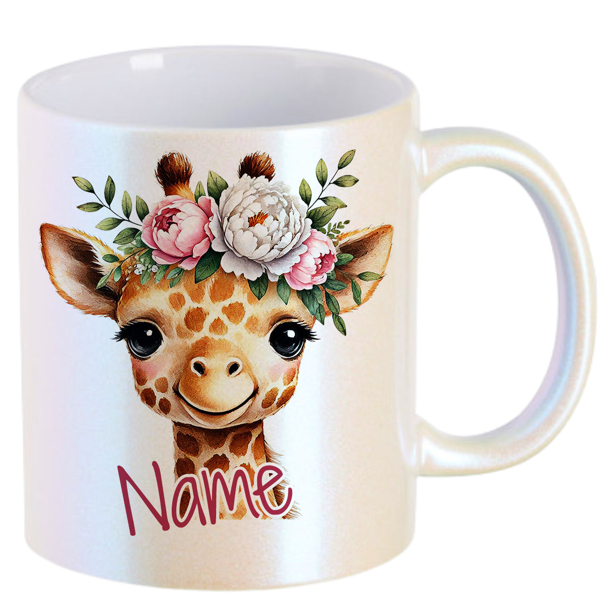 Tasse mit Giraffe, Blumenkranz und personalisiertem Namen.