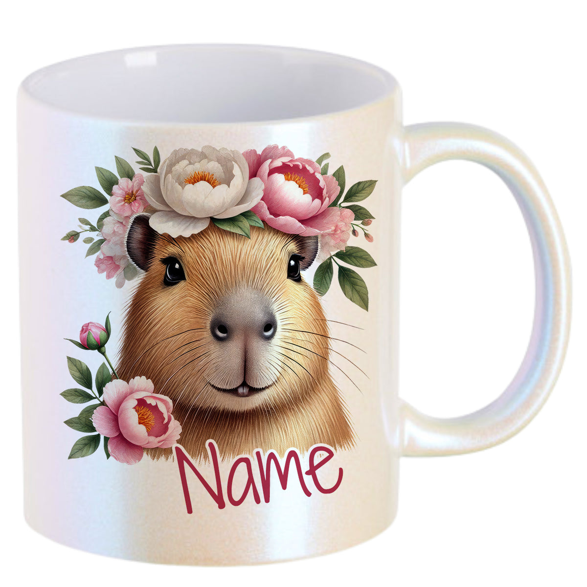Tasse mit Capybara und Blumen, personalisierbar mit Namen.