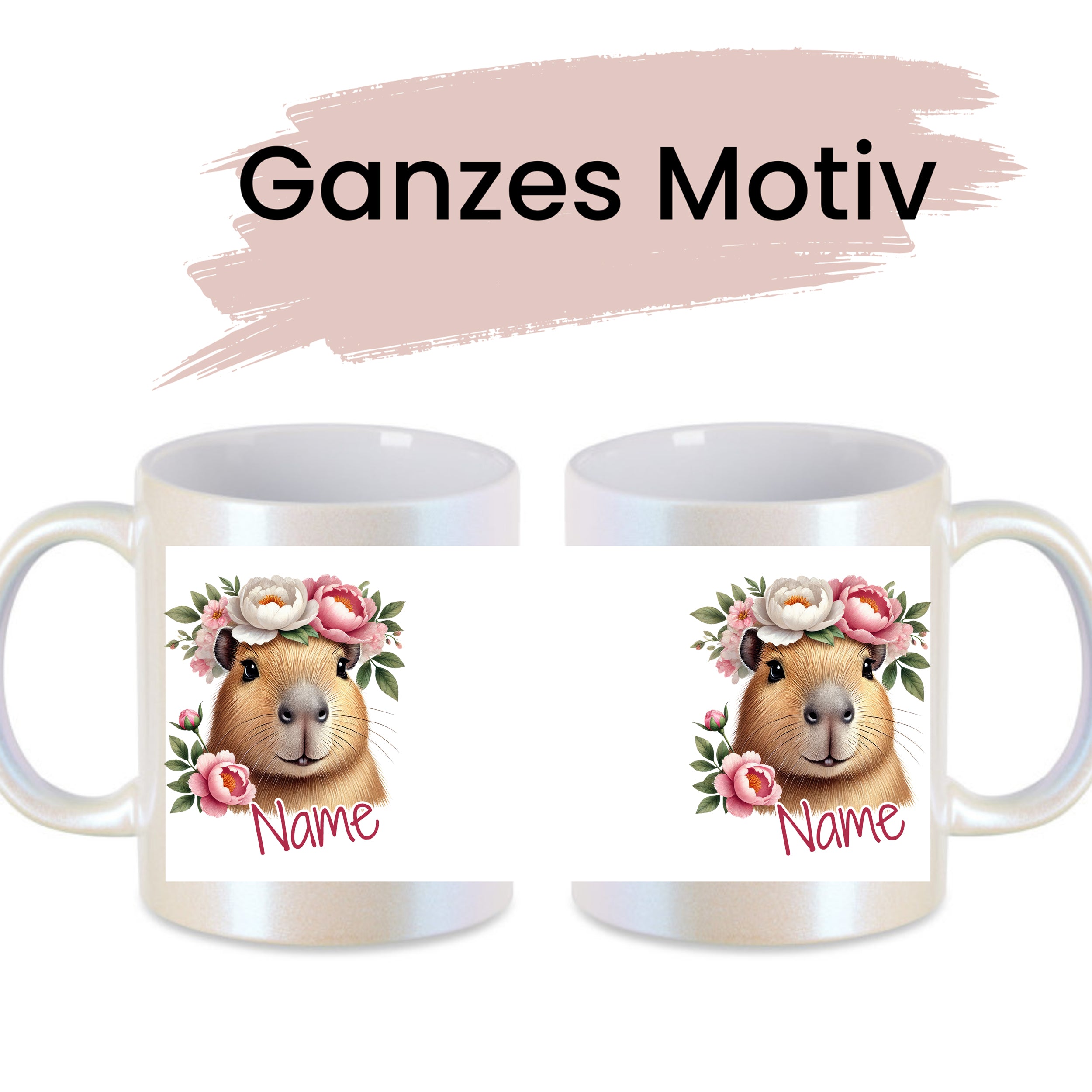 Tassen mit Tiermotiv und Blumen, personalisierbar.