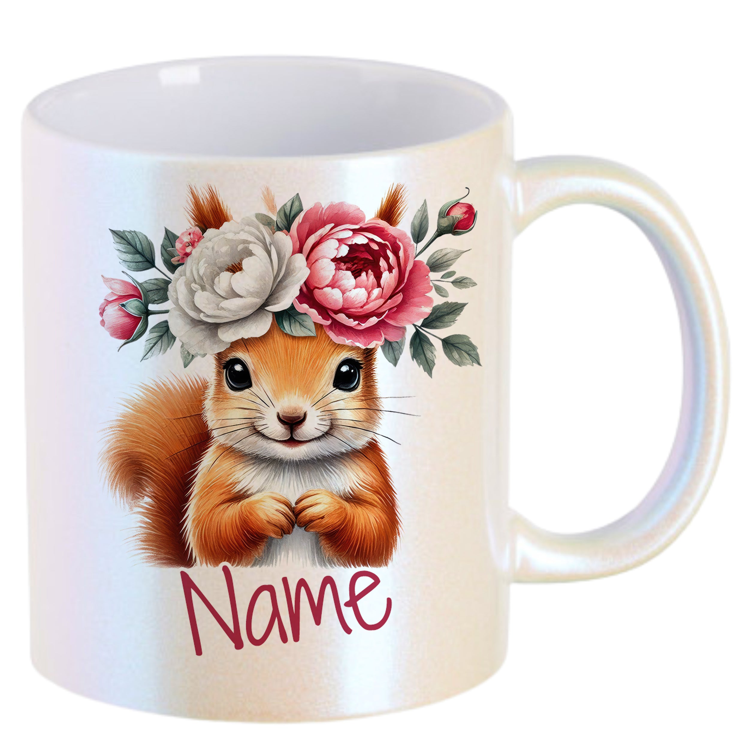 Kaffeetasse mit Eichhörnchen und Blumenkranz, personalisierbar.