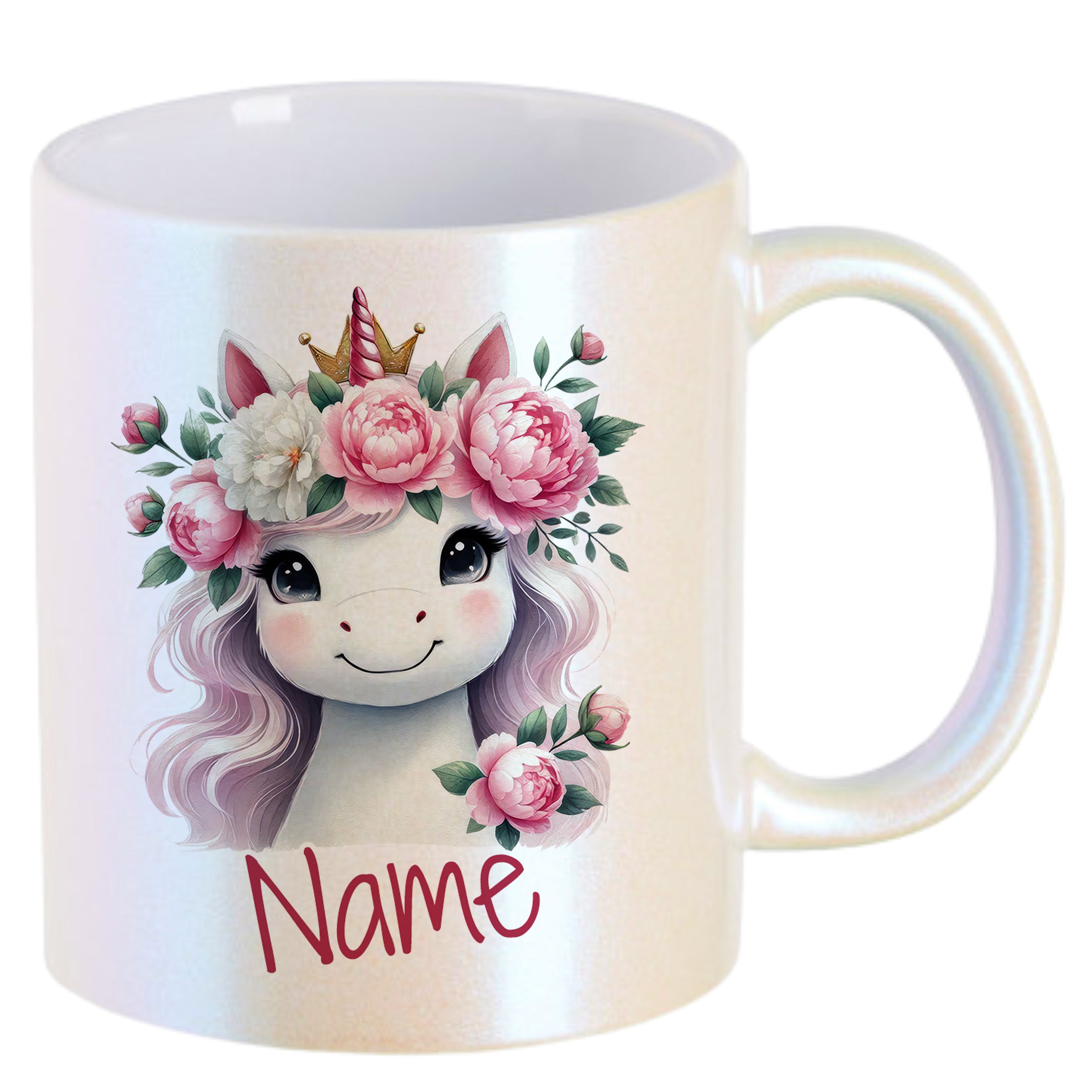 Einhorn-Tasse mit Blumenkranz und personalisiertem Namen.