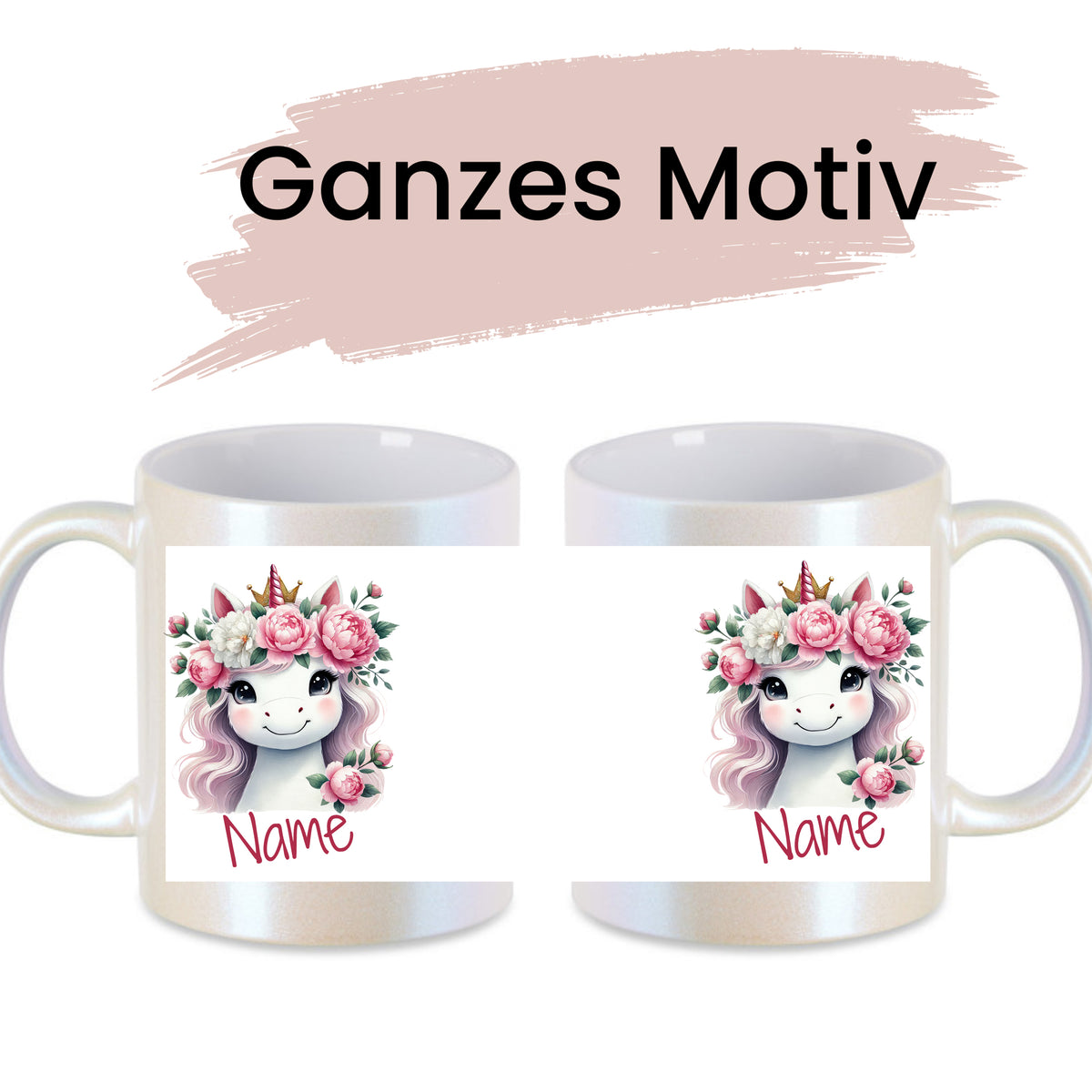 Tasse mit Einhorn-Motiv und Blumen, personalisierbar.