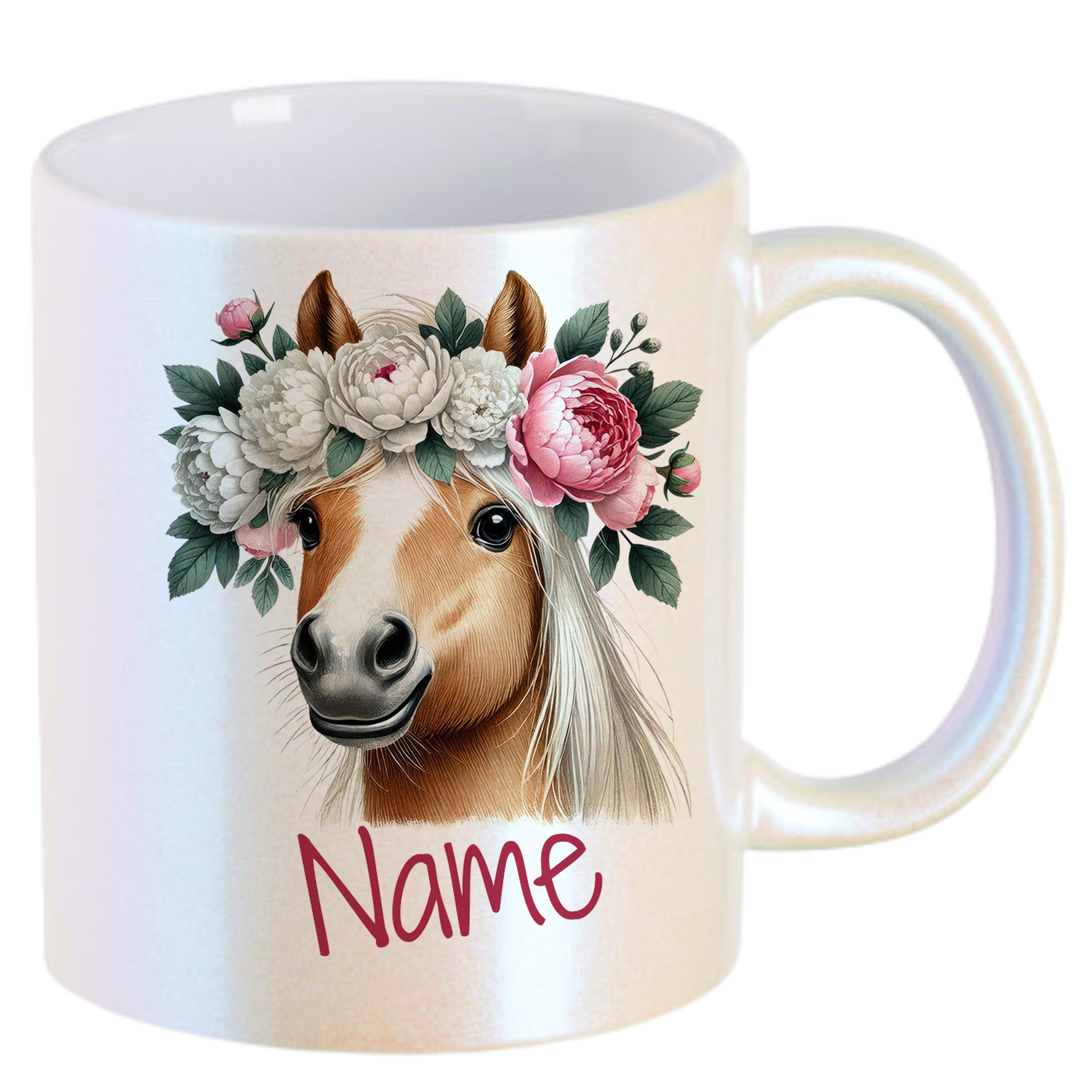 Tasse mit Pferdemotiv und Blumenkranz, personalisierbar.