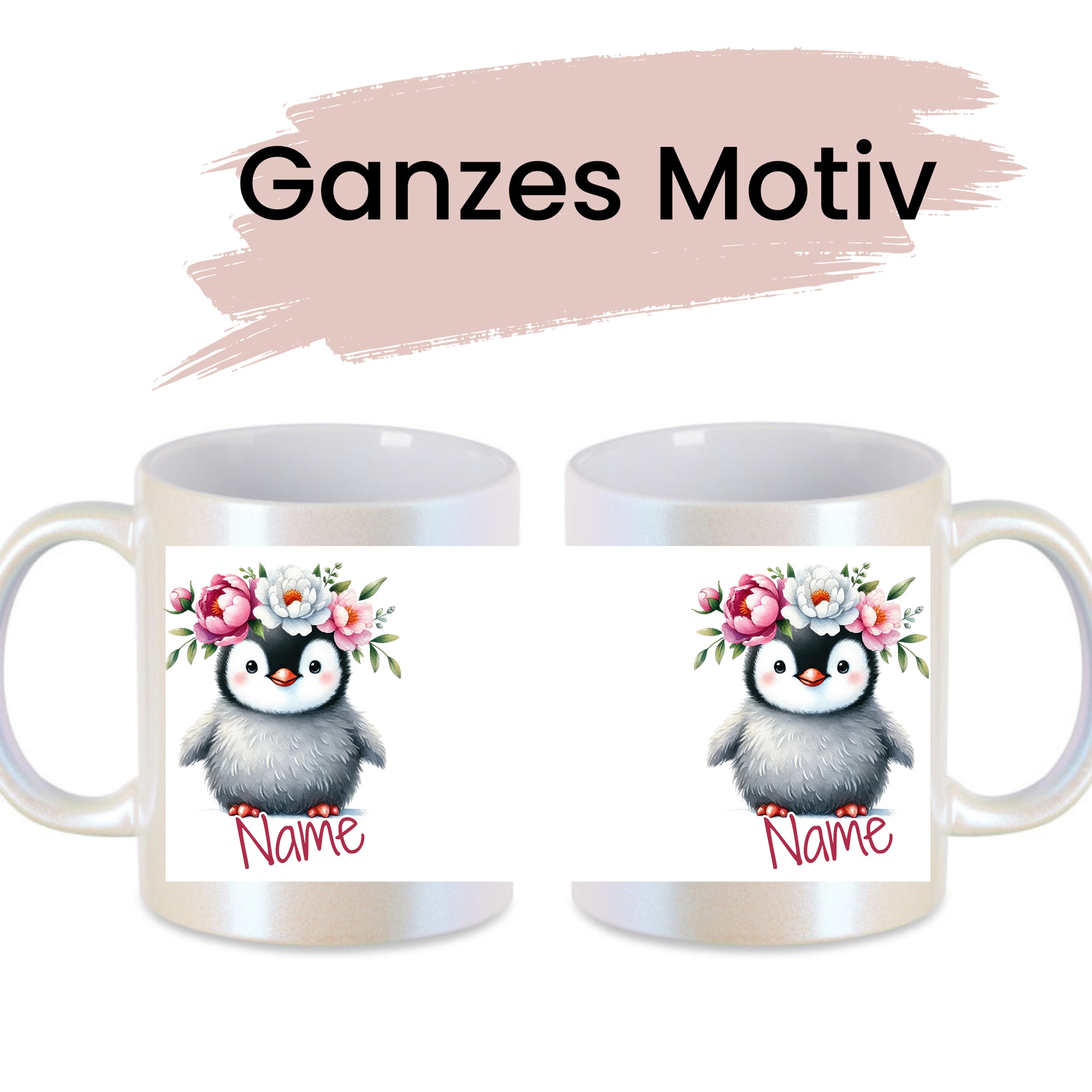 Tasse mit Pinguin-Motiv und Blumen, personalisierbar.
