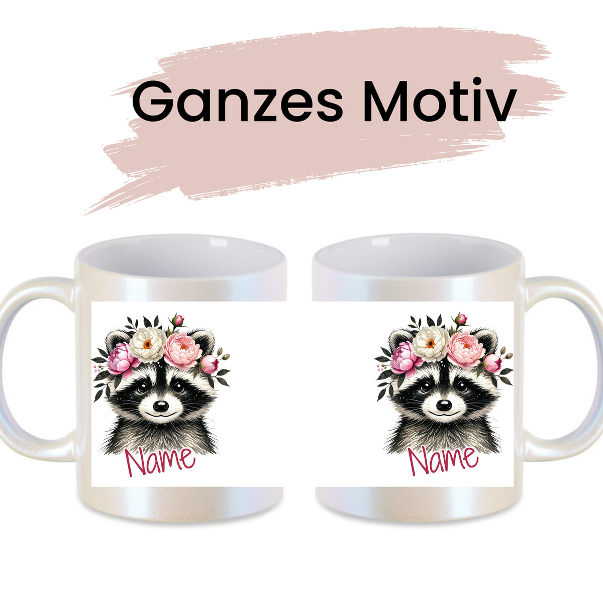Tasse mit Waschbär-Motiv und Blumen, personalisierbar.