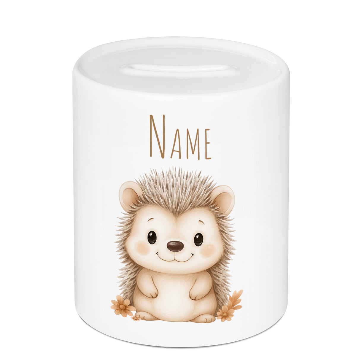 Weißer Spardose mit niedlichem Igel und personalisierbarem Namen.