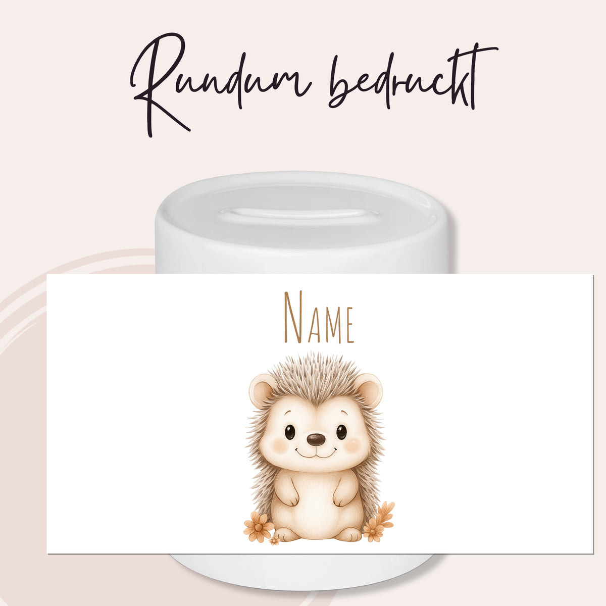 Rundum bedruckte Tasse mit niedlichem Igel-Motiv.