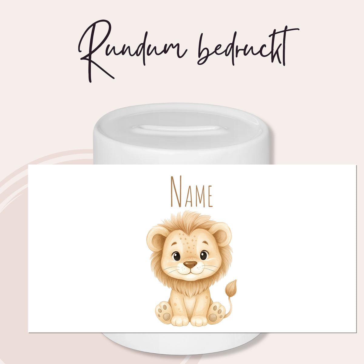 Runder Becher mit niedlichem Löwen und Platz für Namen.