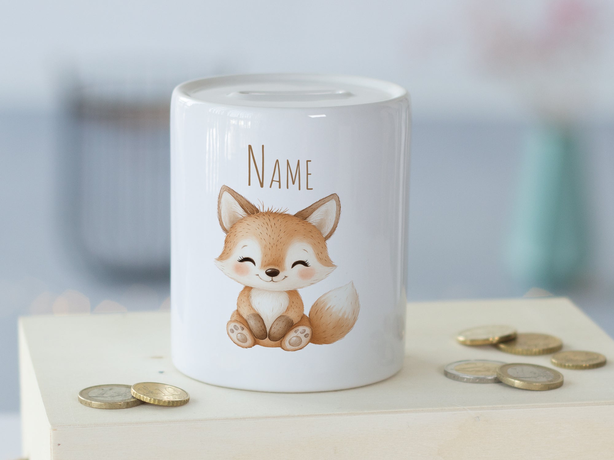 Spardose mit niedlichem Fuchs-Motiv und personalisierbarem Namen.