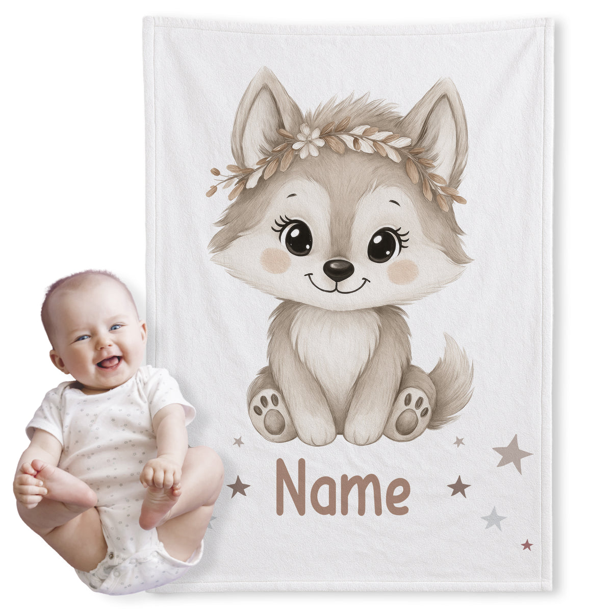 Babydecke mit niedlichem Wolfsmotiv und personalisierbarem Namen.
