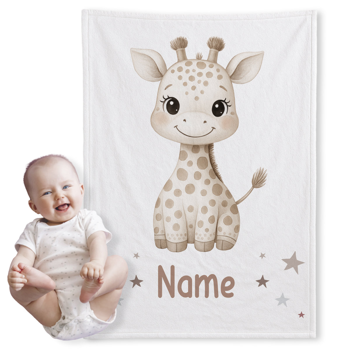 Giraffenmotiv auf weißem Hintergrund mit Platz für Namen.