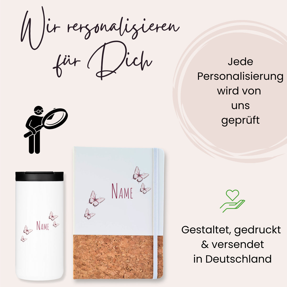 Personalisierte Tasse und Notizbuch mit Schmetterlingen.