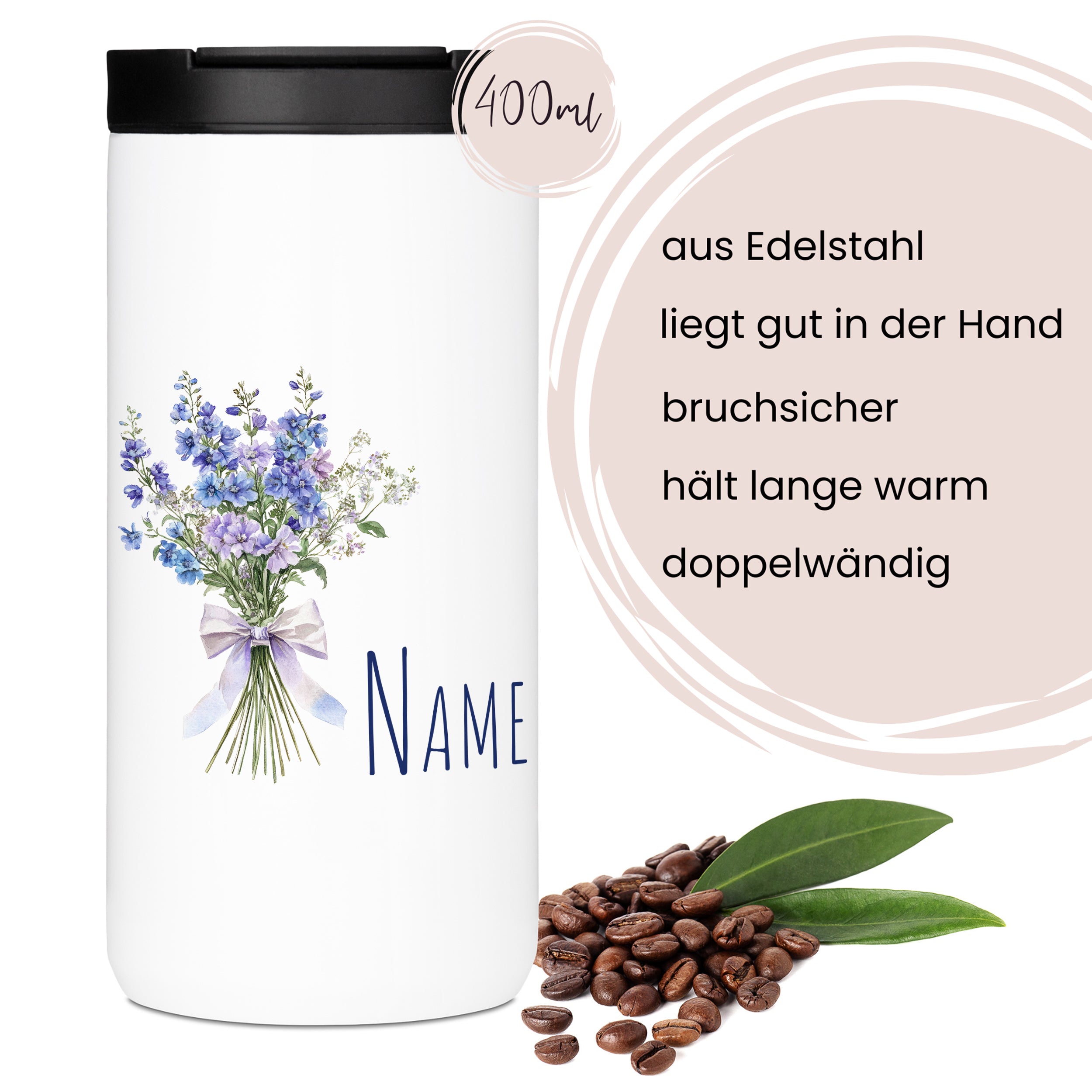 Edelstahlbecher mit Blumenmotiv, 400ml, doppelwandig, bruchsicher.
