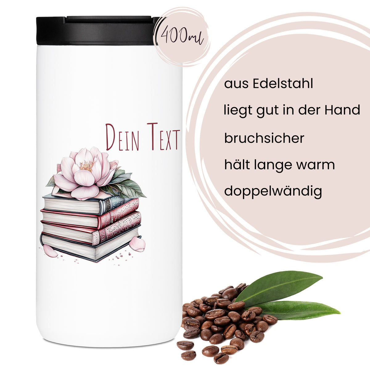 Edelstahl-Thermobecher, weiß, mit Blumen- und Bücherdesign.