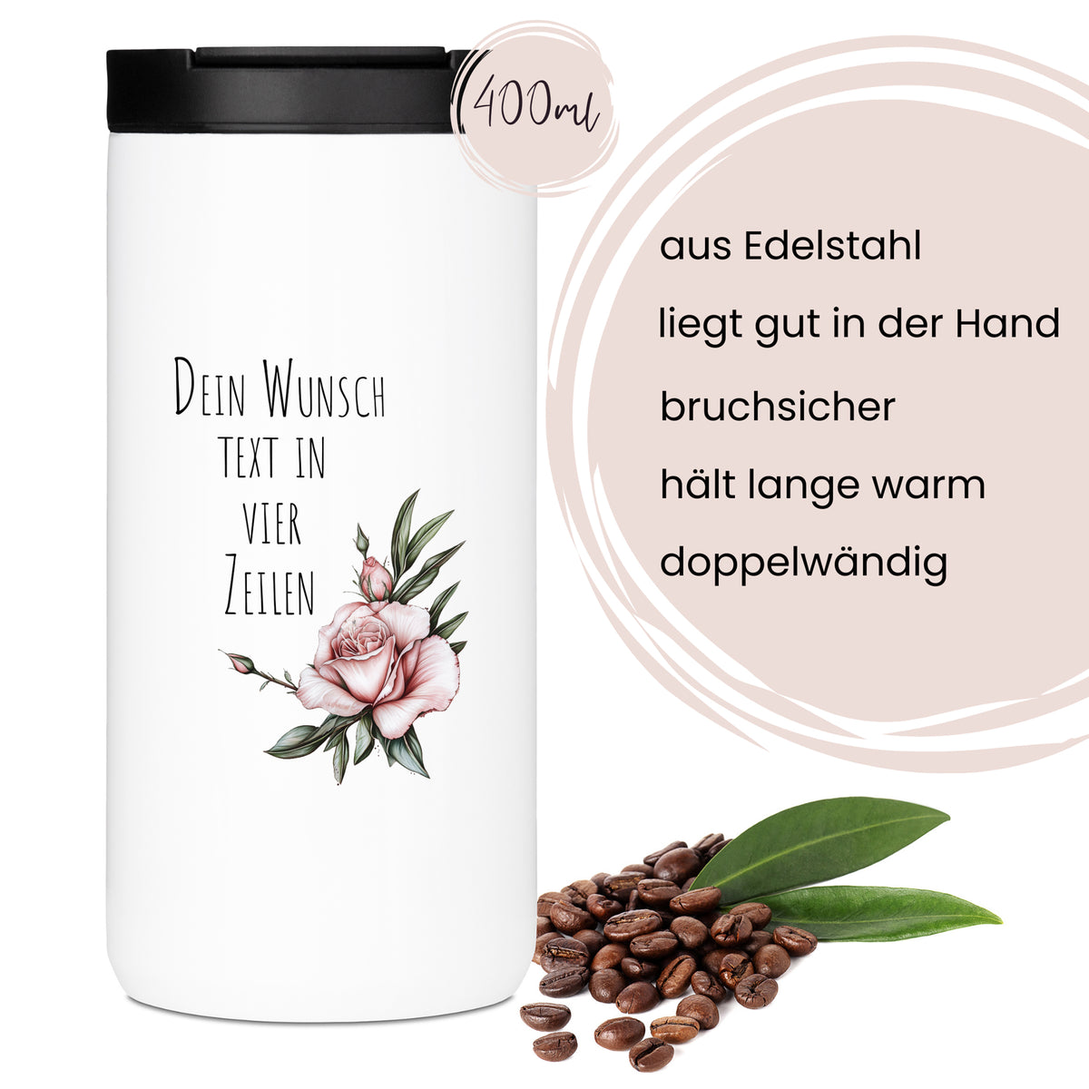 Edelstahl Thermobecher, weiß mit rosa Rose, 400ml.