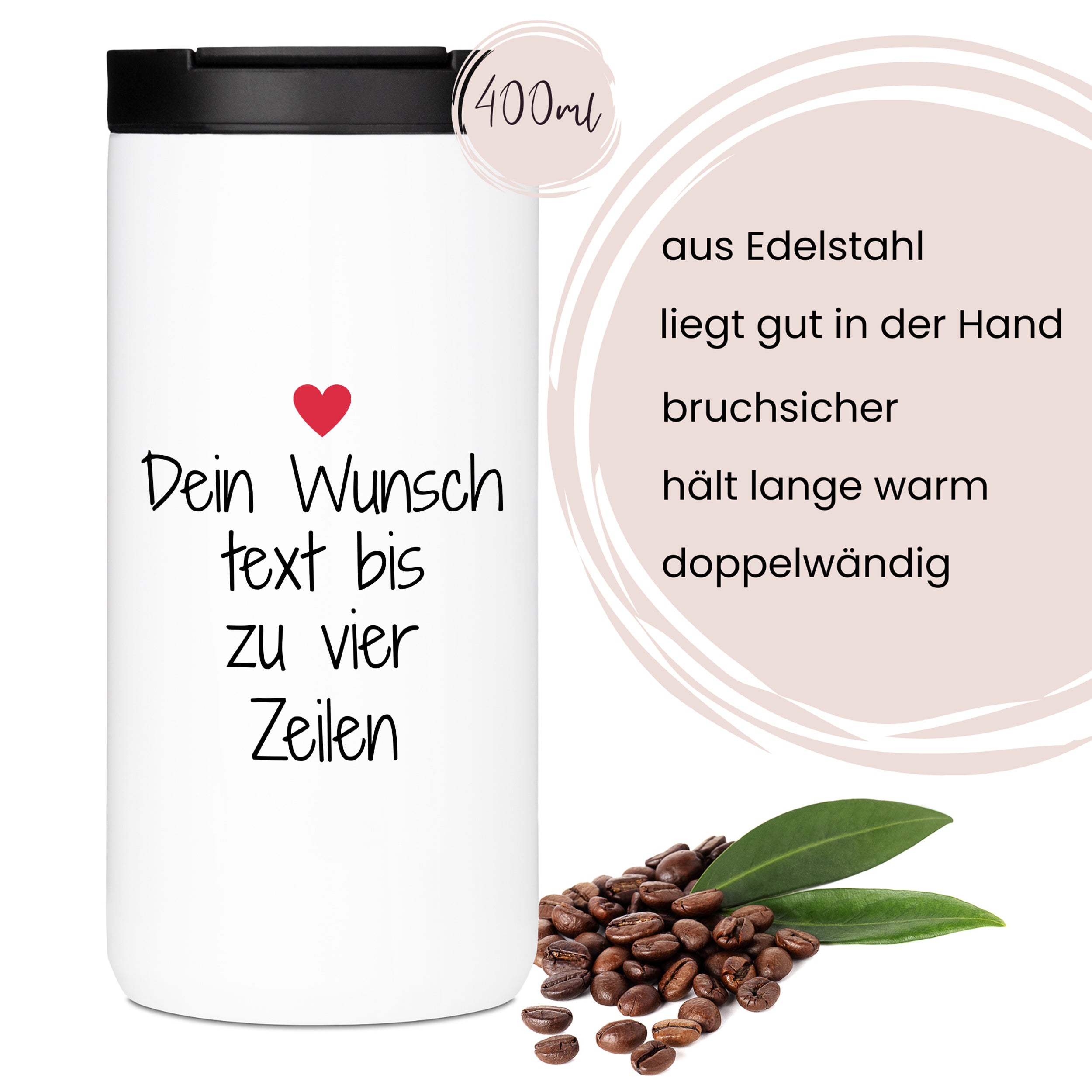 Edelstahlbecher, weiß, personalisierbar, 400ml, doppelwandig.