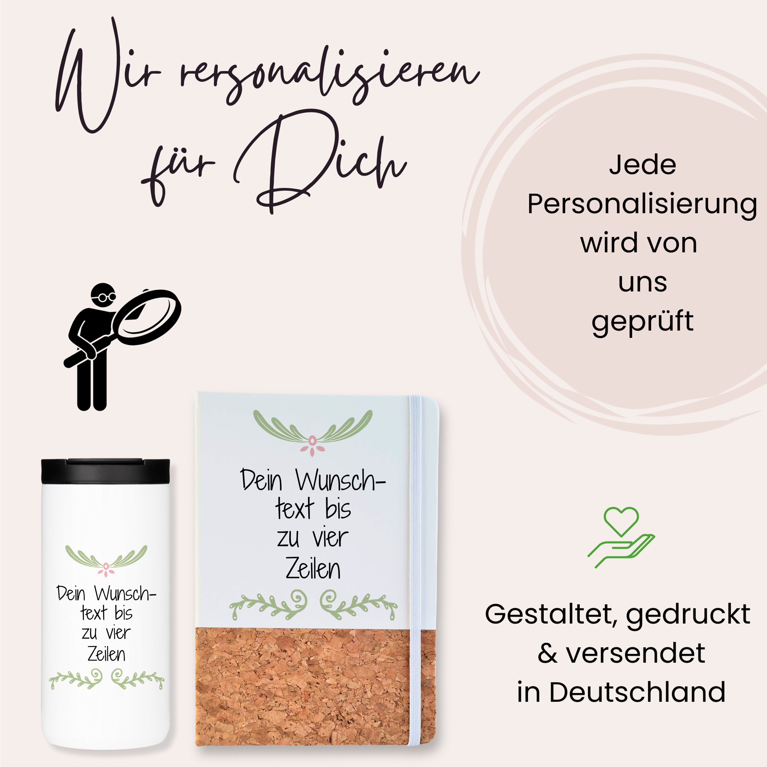 Personalisierbare Tasse und Notizbuch in Weiß und Kork.