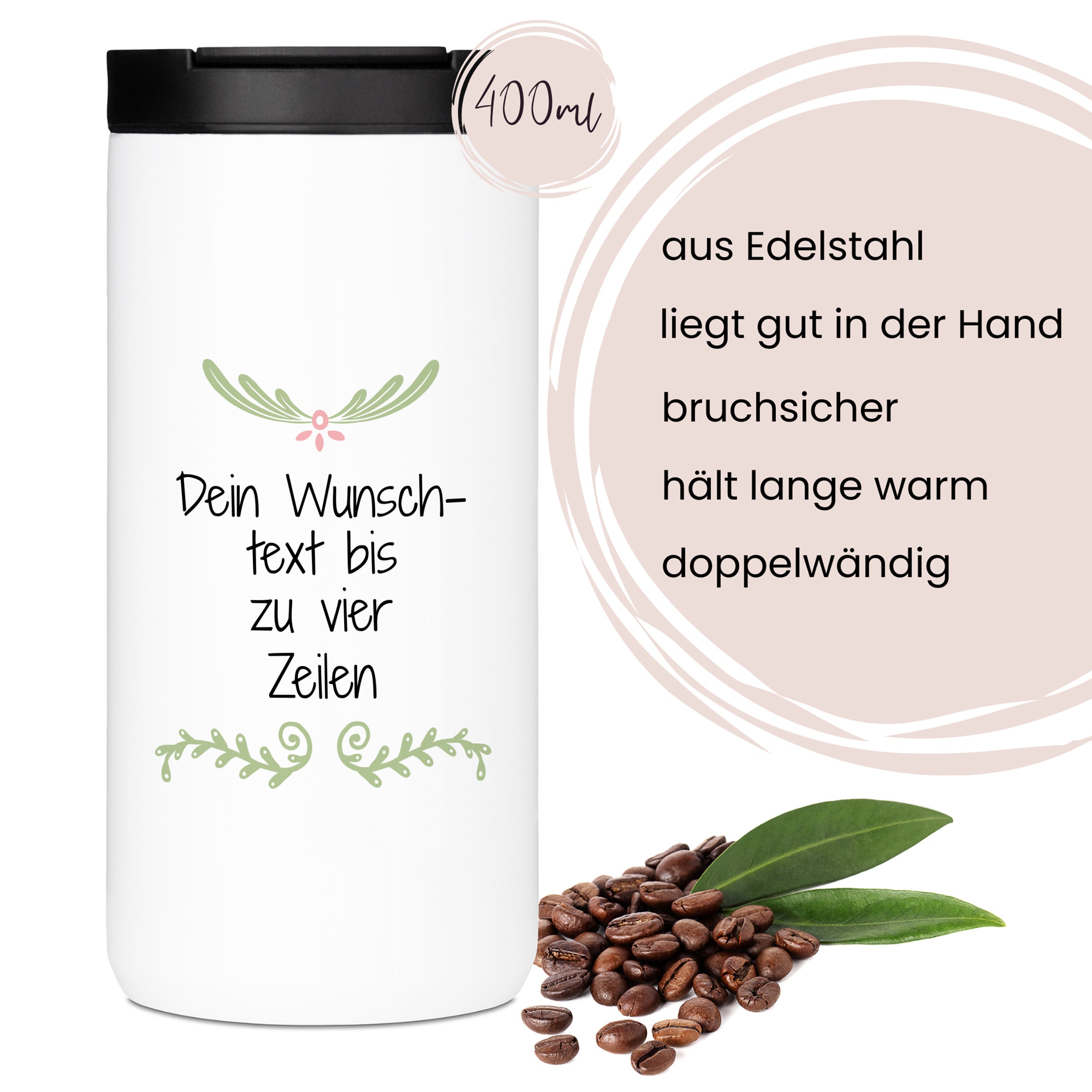 Edelstahl-Thermobecher, weiß, personalisierbar, 400ml, doppeltwandig.