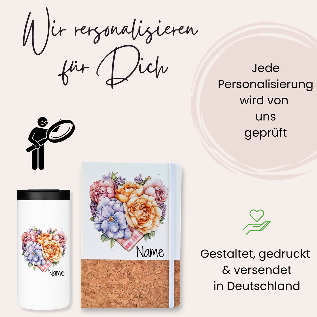 Personalisierte Tasse und Notizbuch mit floralen Motiven.