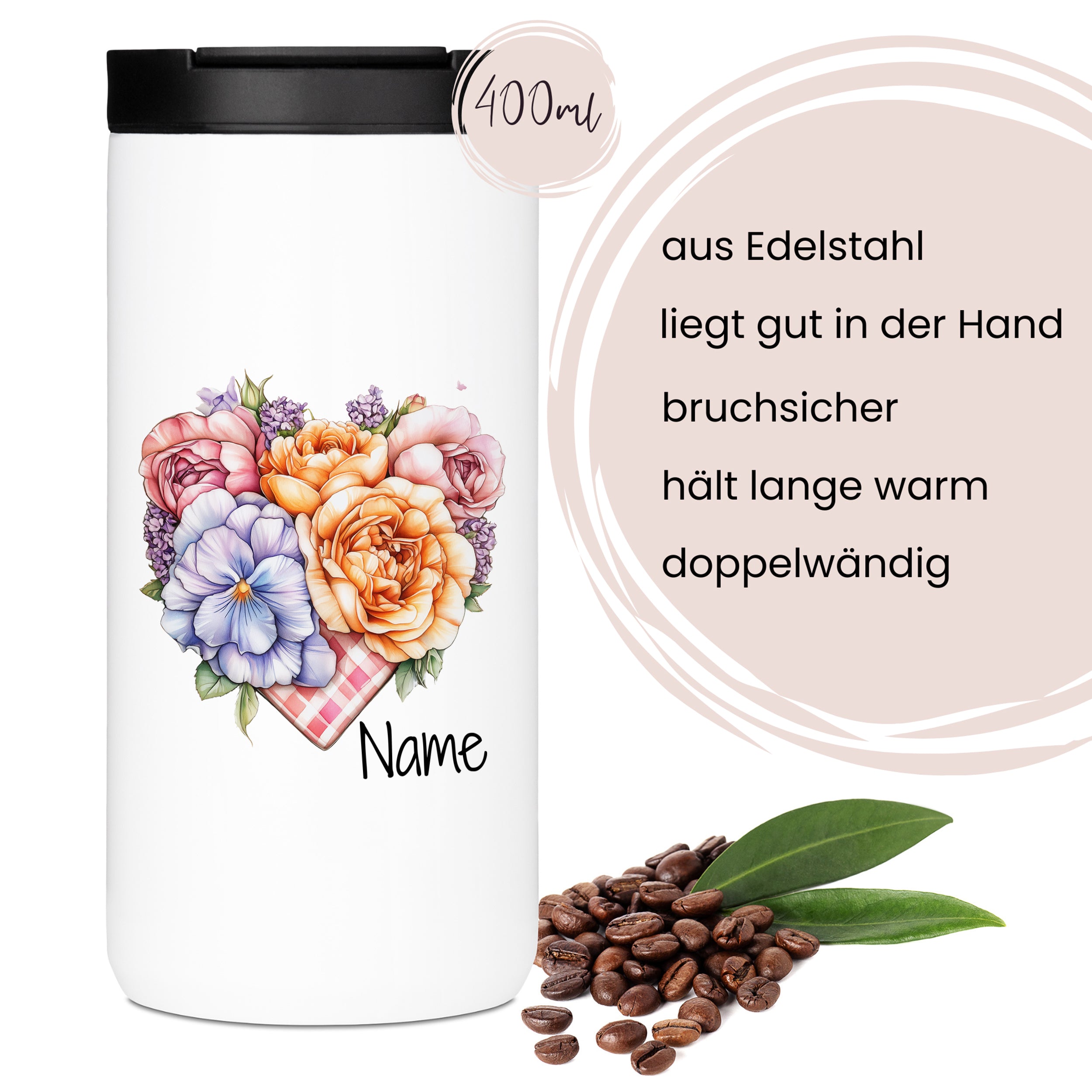 Edelstahlbecher mit buntem Blumenmotiv, 400 ml, doppelwandig.