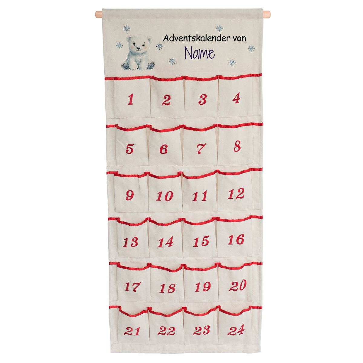 Adventskalender aus Stoff mit Wunschname, Eisbär, Schneeflocken und 24 nummerierten Taschen