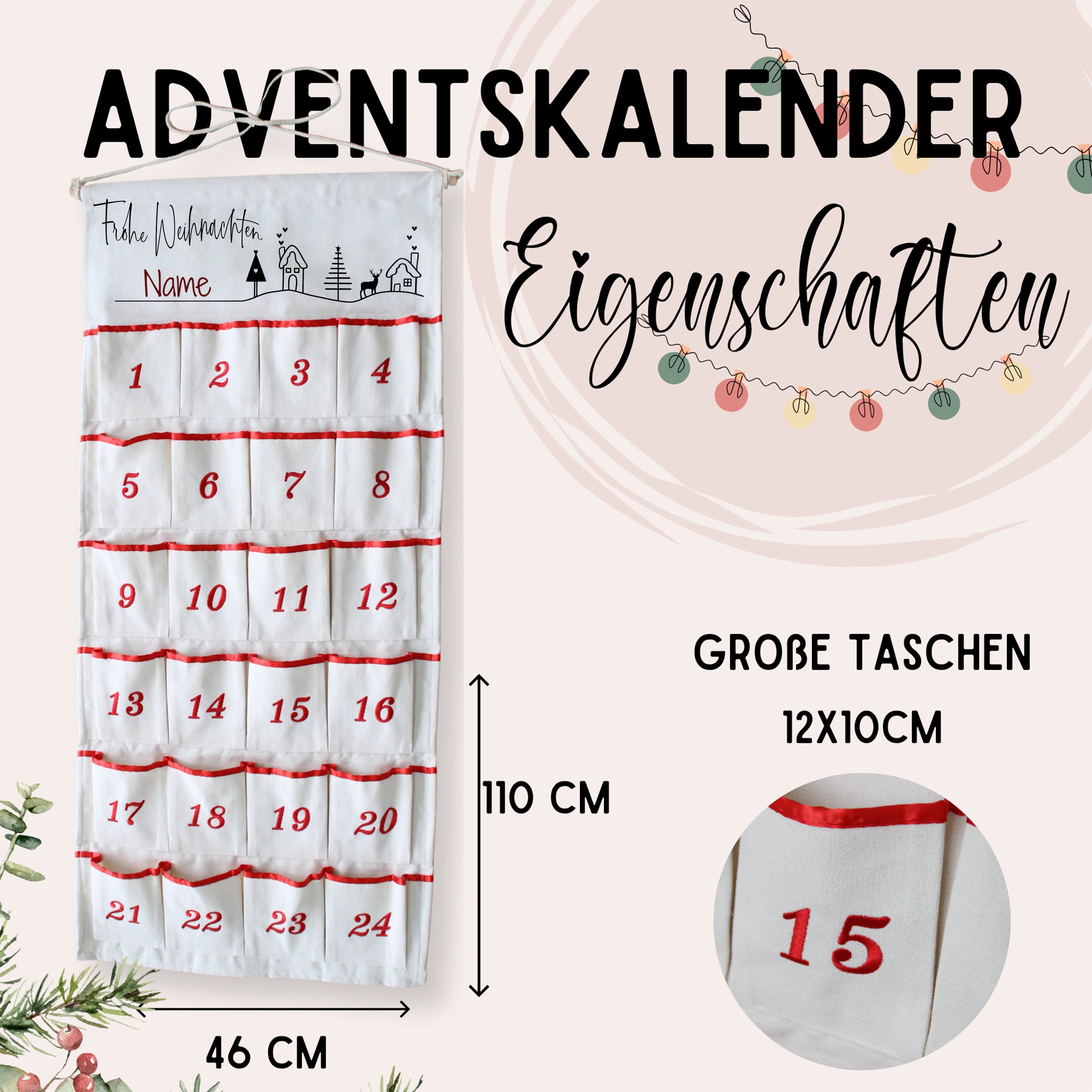 Adventskalender in Weiß mit roten Taschen und Zahlen.