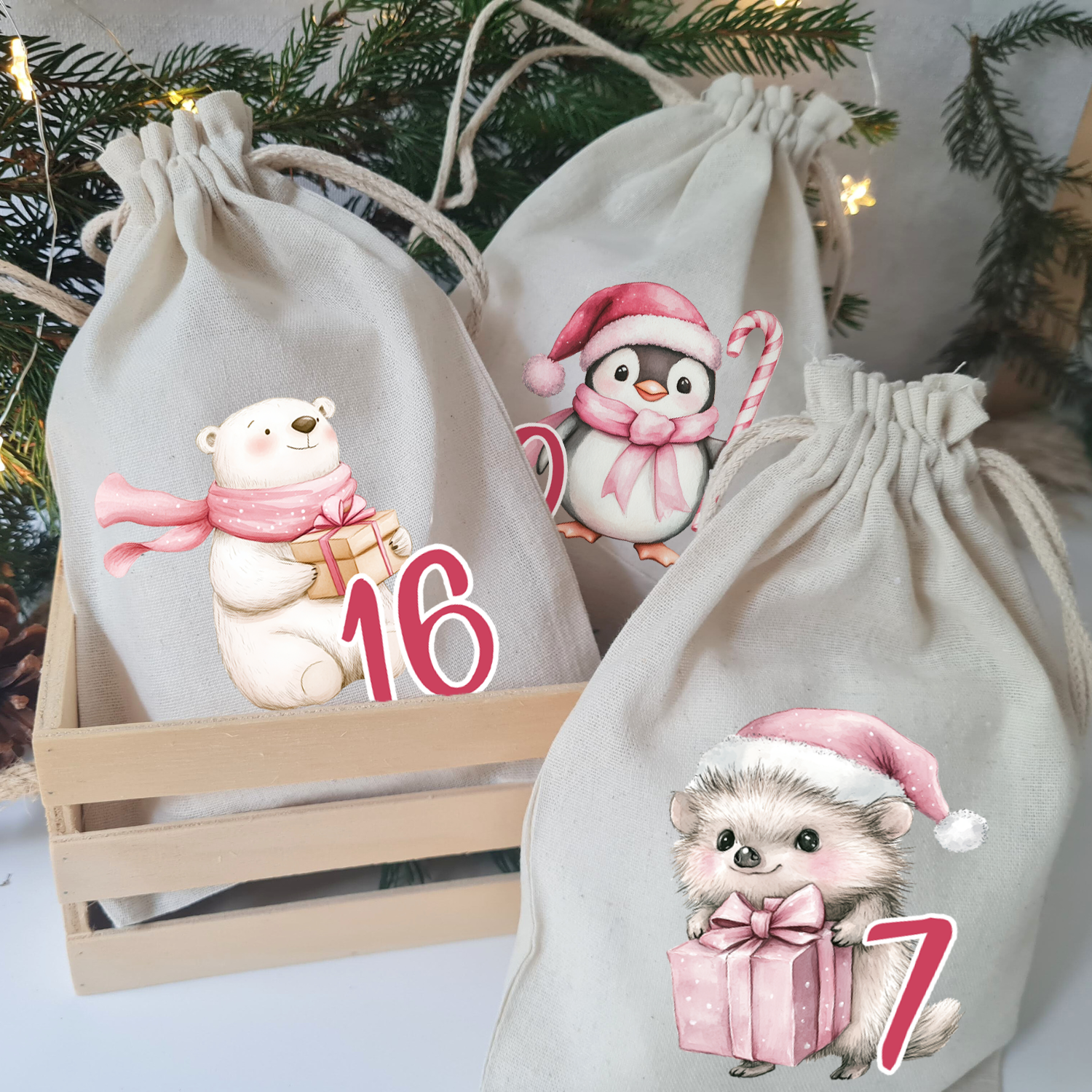 Adventskalender rosa in Beige mit Tiermotiven und Zahlen.