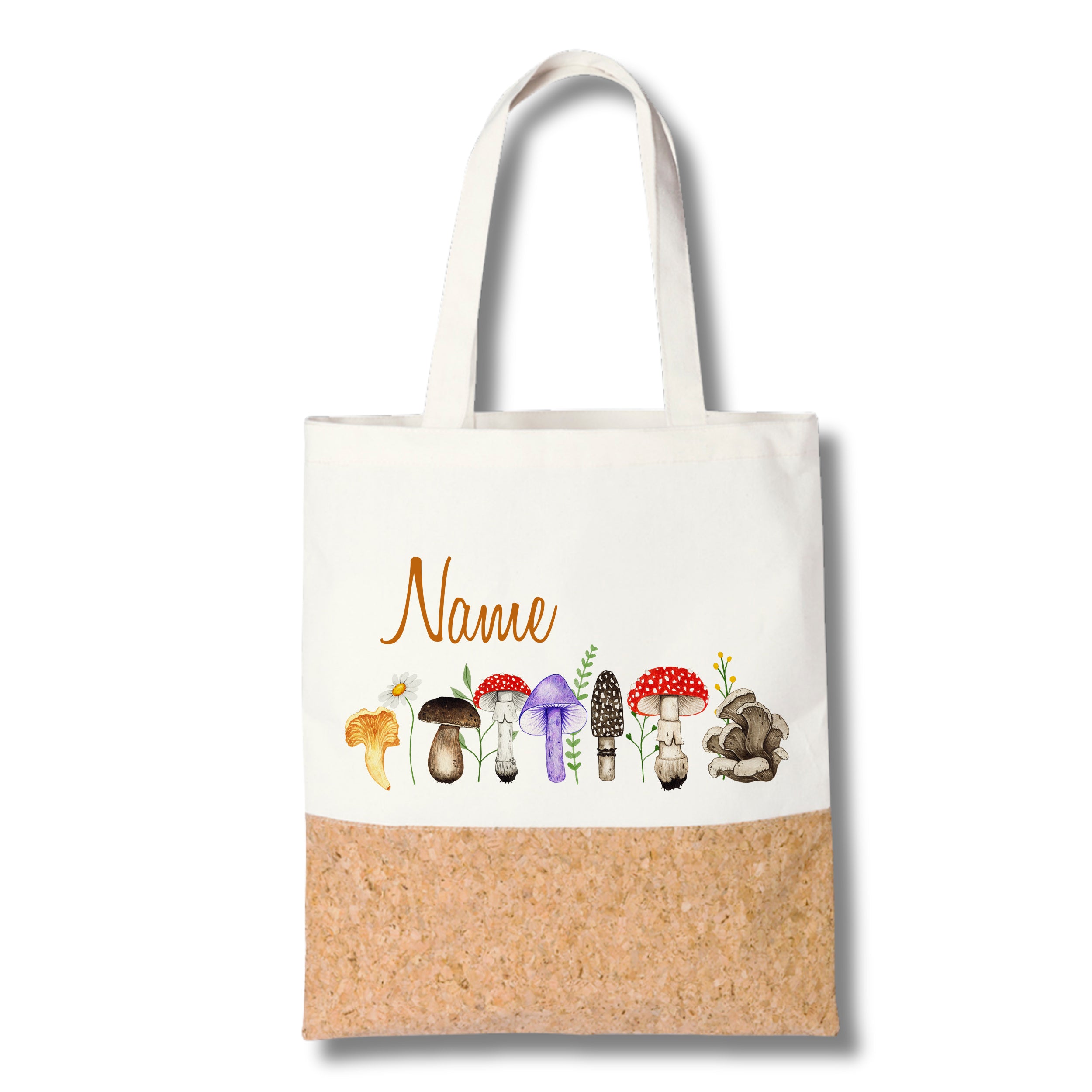 Stofftasche mit bunten Pilzen und Korkboden.