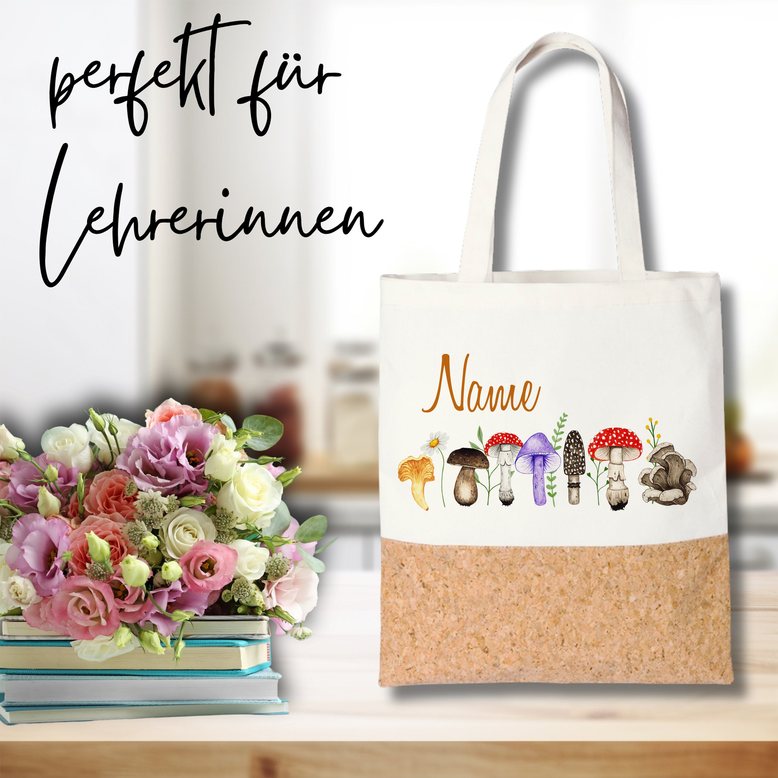 Beige Tasche mit Pilzmotiven und Korkboden.