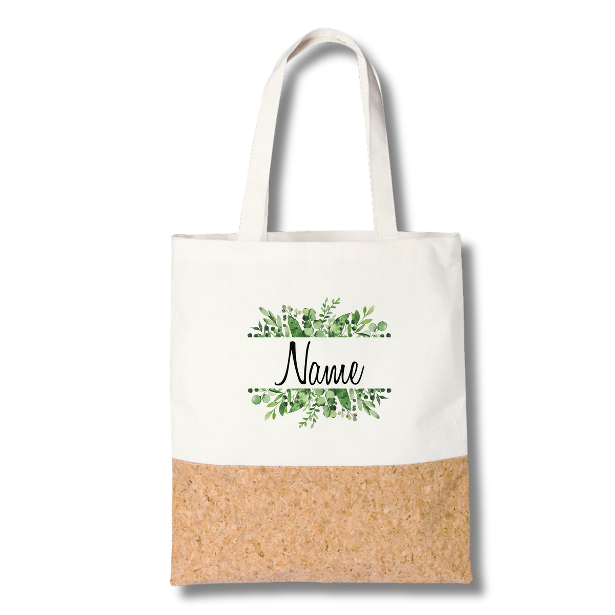 Beige Baumwolltasche mit Korkboden und grünem Blattdesign.
