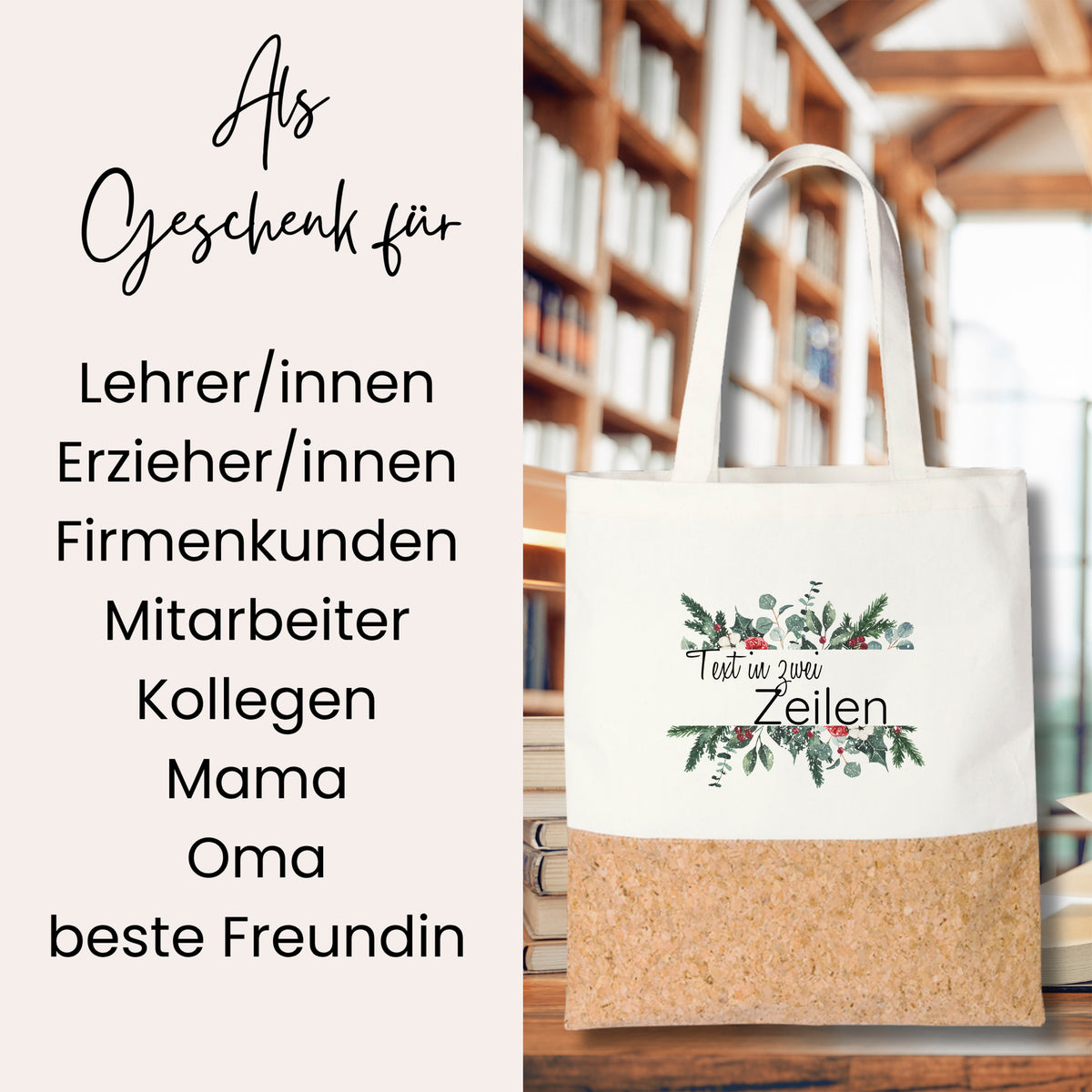 Beige Stofftasche mit Korkboden und floralem Design.