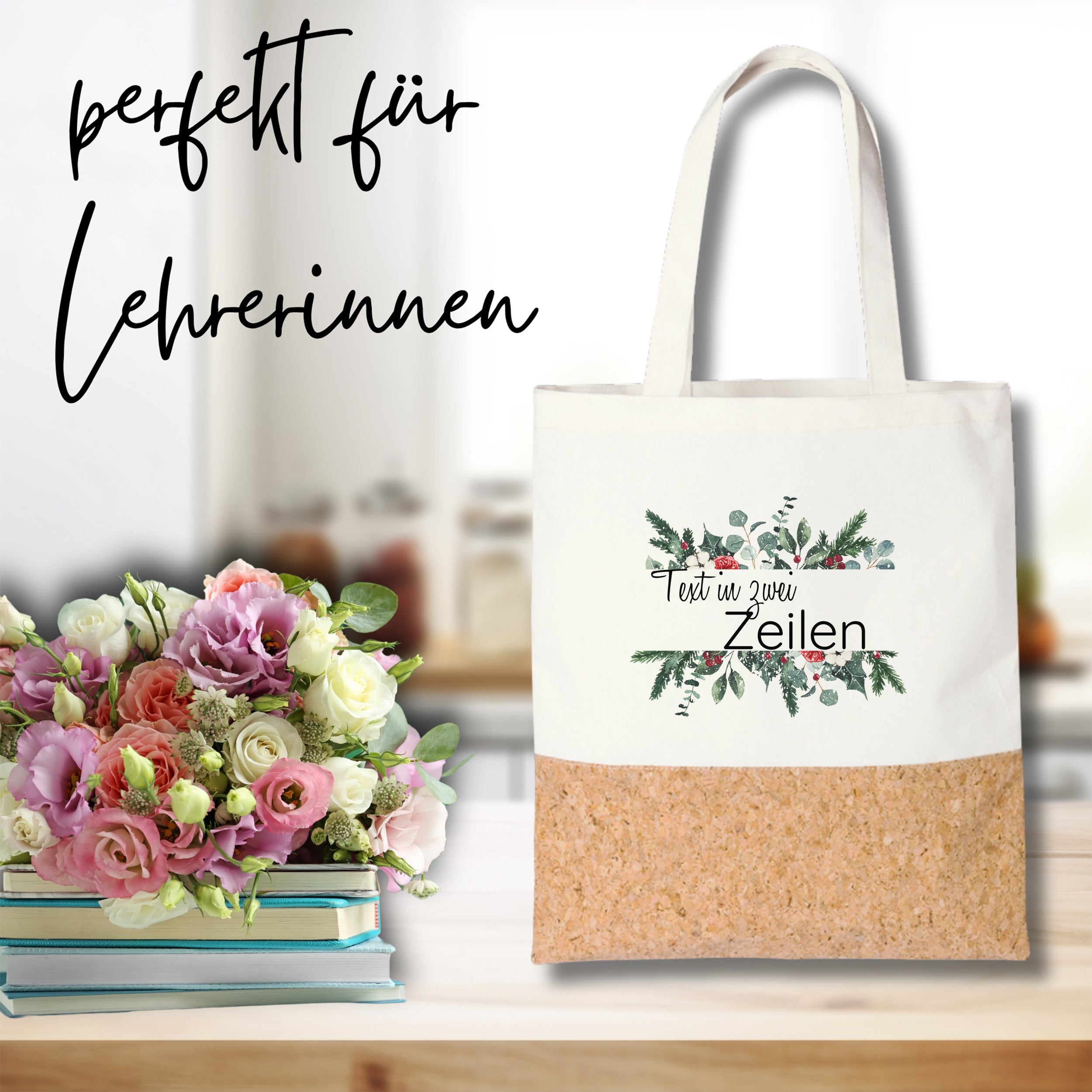 Beige Tasche mit Korkboden und floralem Design.