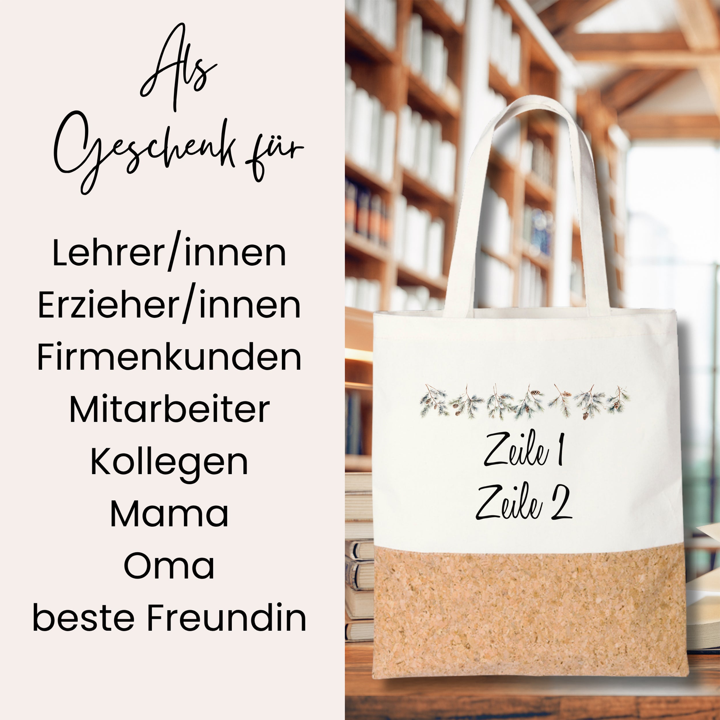 Beige Tasche mit Korkboden, personalisierbar für verschiedene Anlässe.