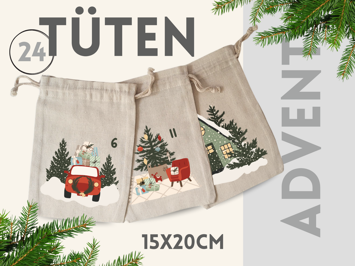 24 Adventstüten, beige, mit weihnachtlichen Motiven.