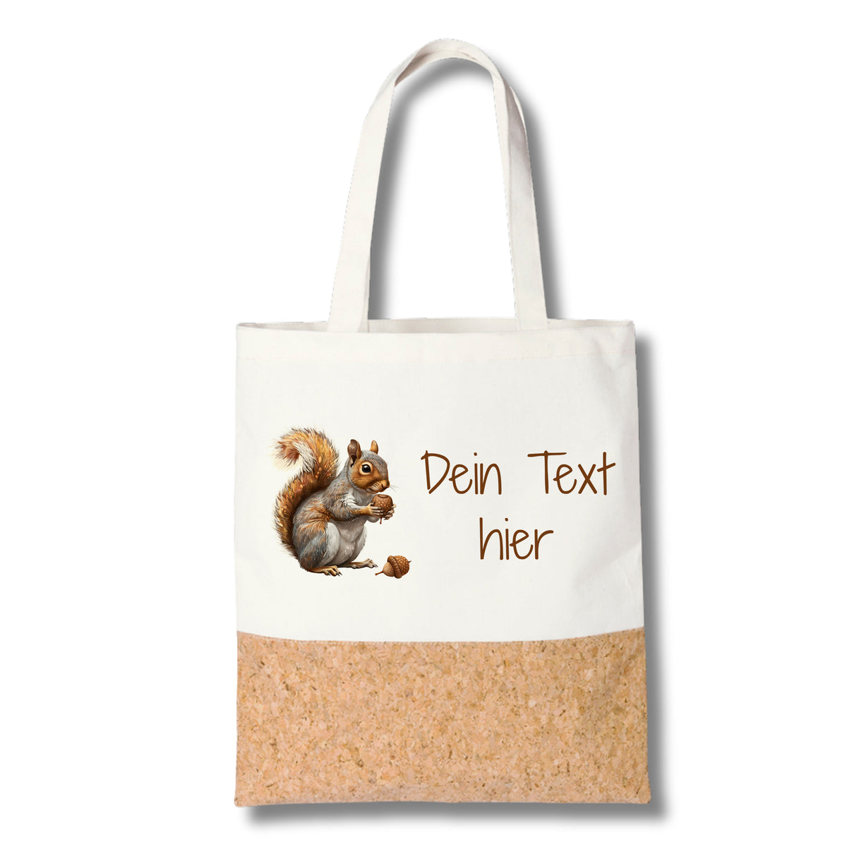 Beige Baumwolltasche mit Eichhörnchen und Korkboden.