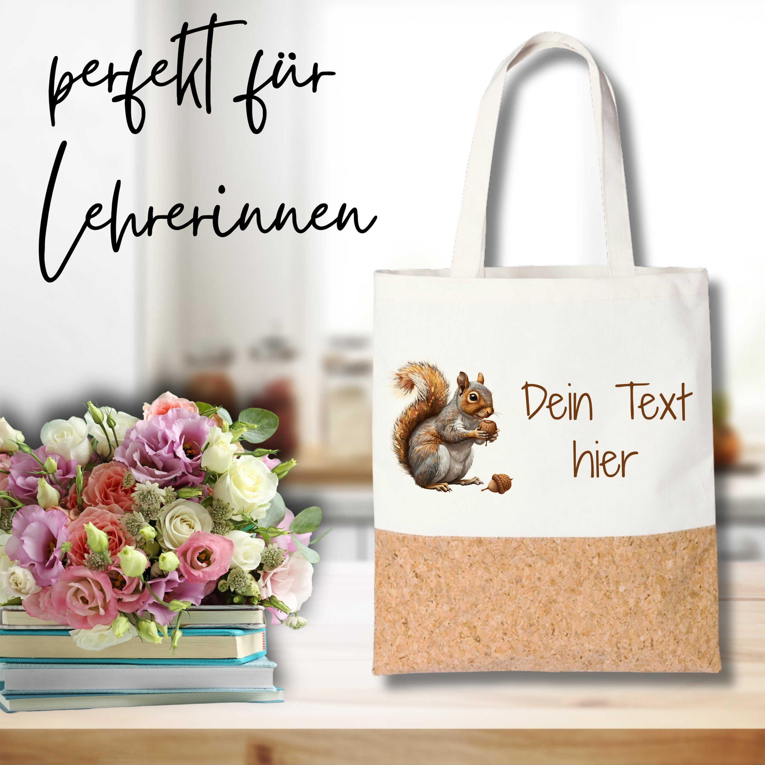 Beige Tasche mit Eichhörnchen und Korkboden, personalisierbar.