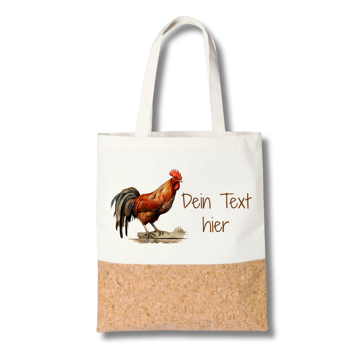 Stofftasche mit Huhn-Motiv und Korkboden.
