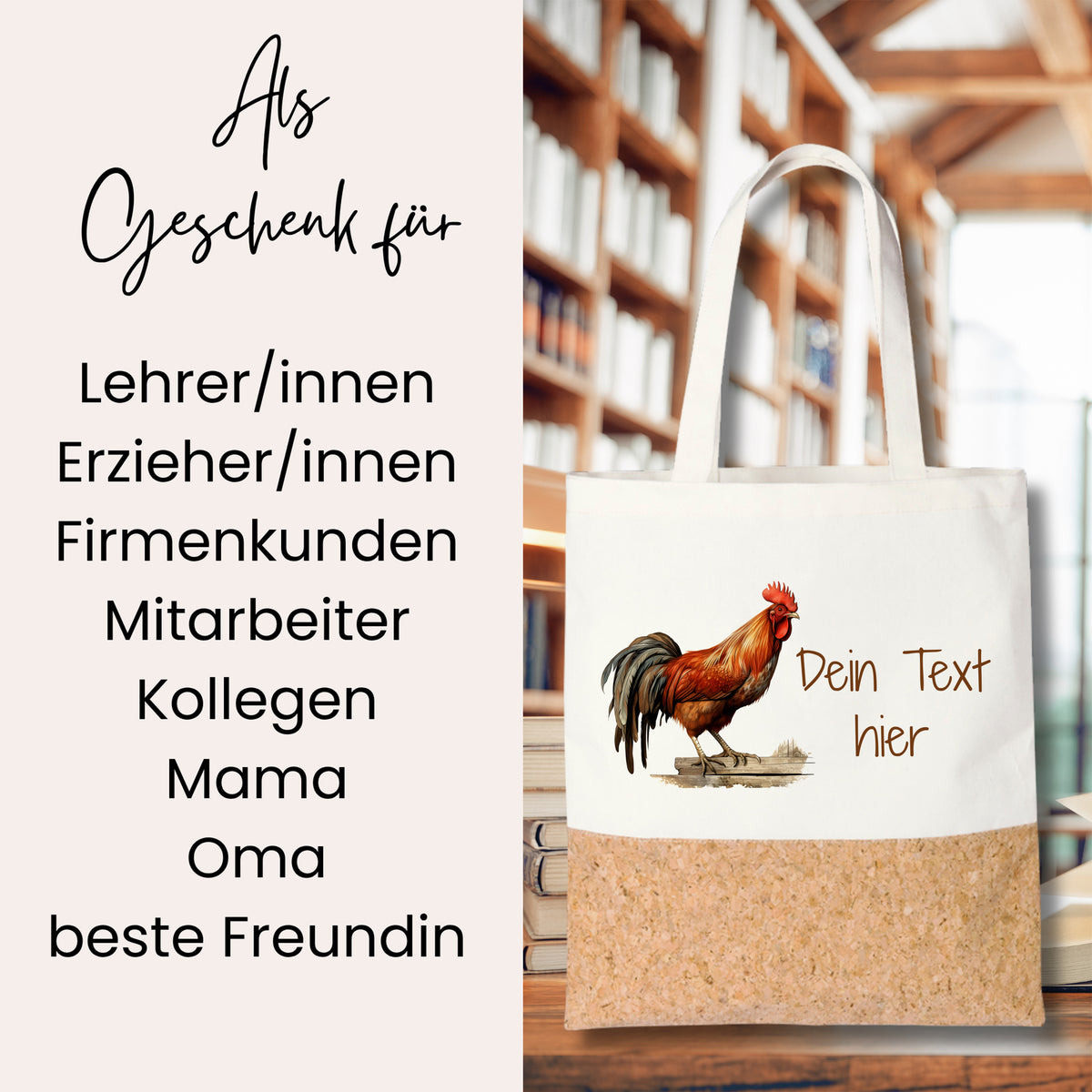 Beige Stofftasche mit Huhn und personalisierbarem Text.
