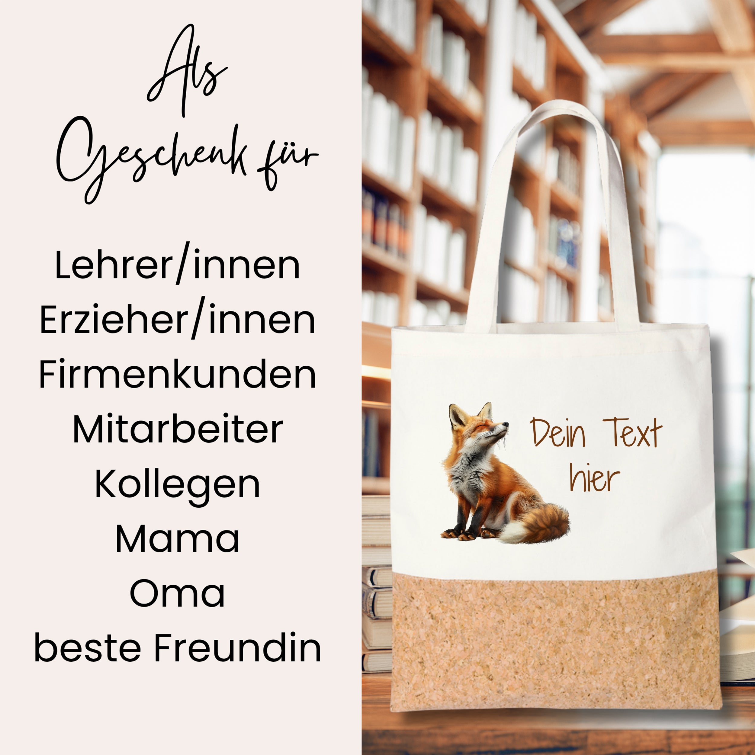 Beige Baumwolltasche mit Fuchs-Motiv und Korkboden.